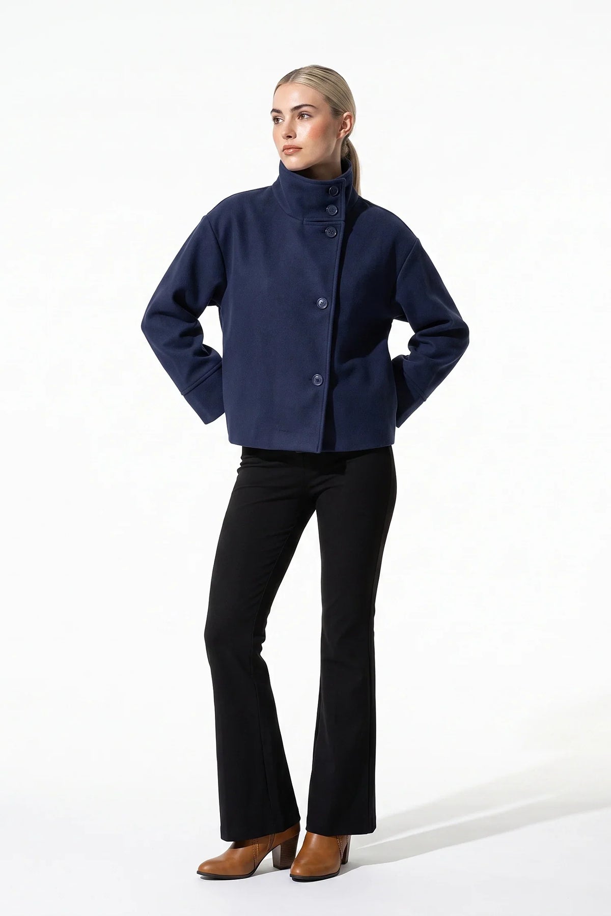 Women's Short Wool Coat with Funnel Neck Design, view 13 of 20
