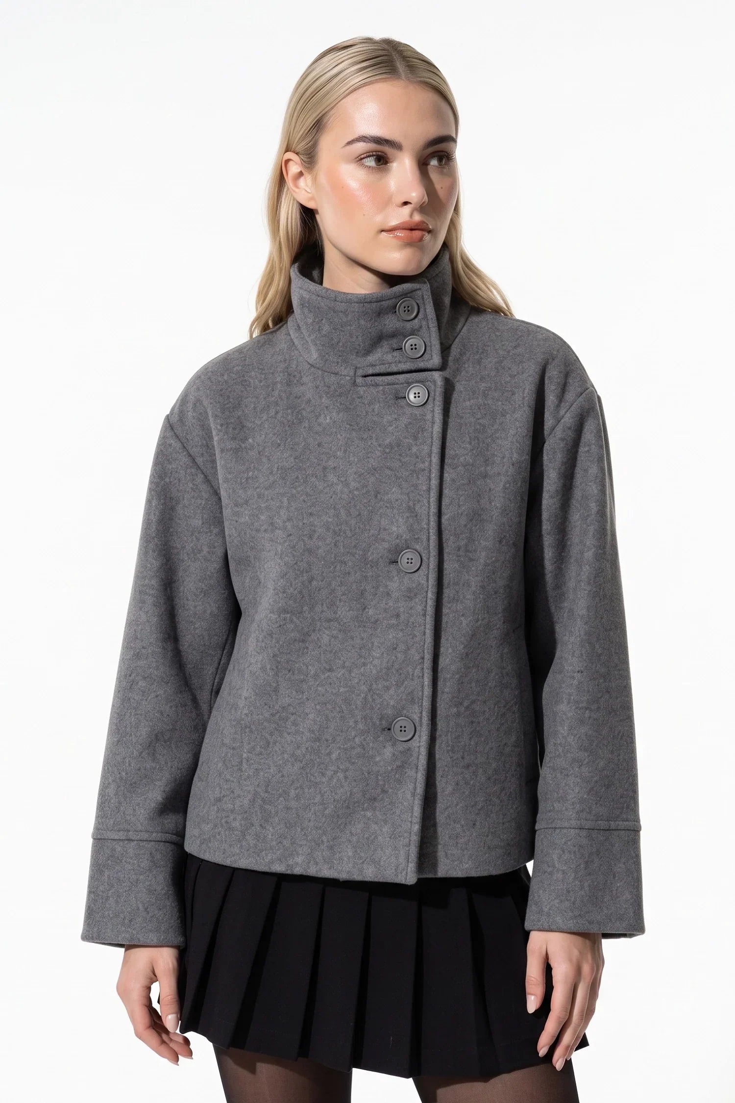 Women's Short Wool Coat with Funnel Neck Design, view 16 of 20