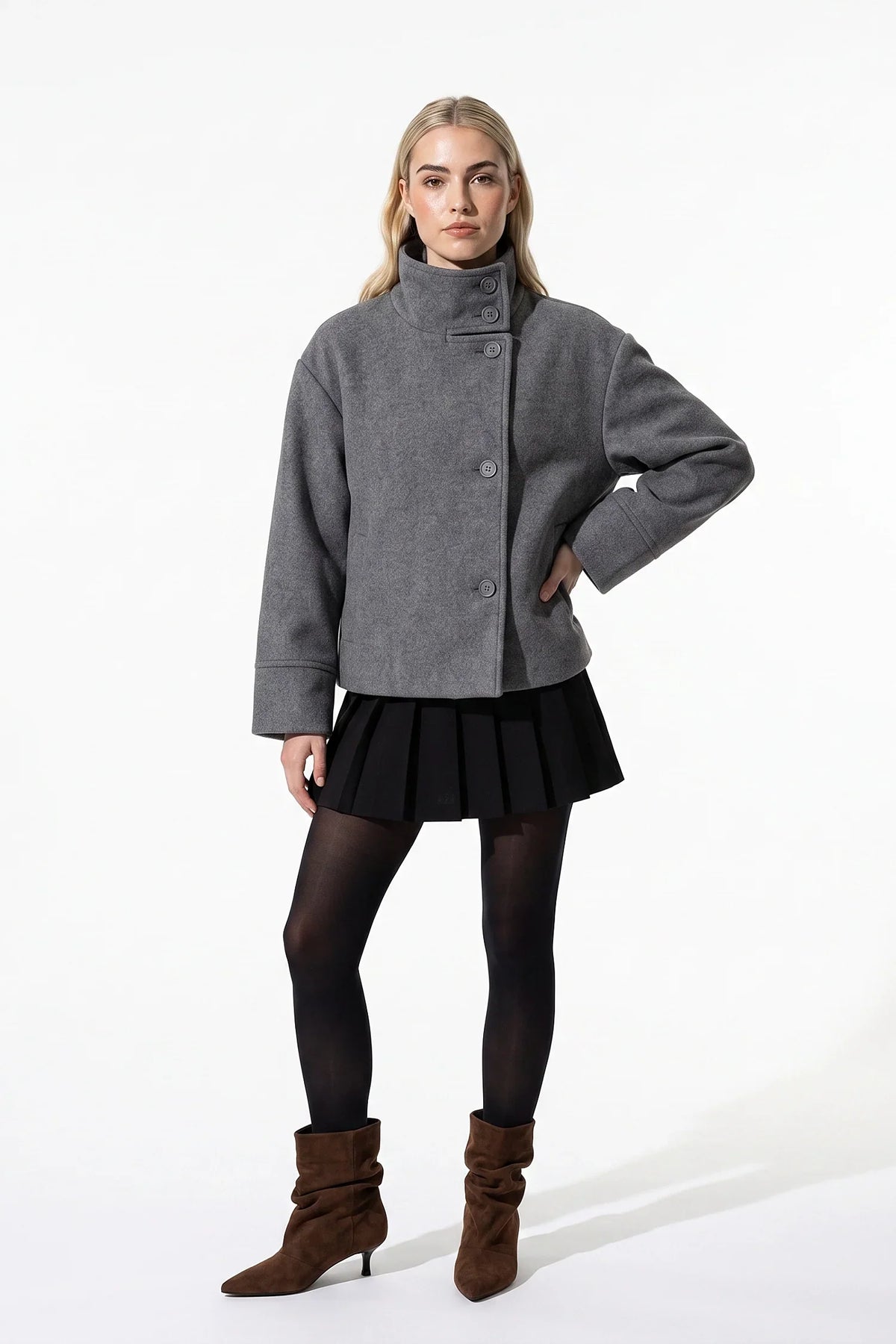 Women's Short Wool Coat with Funnel Neck Design, view 18 of 20