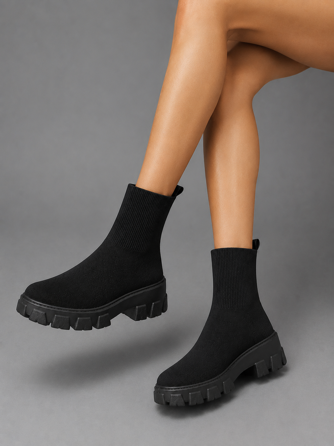 Alternate product view 5 of women's Sock Boots with ribbed stretch chunky sole.
