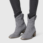 Alternate product view 12 of women's Suede Ankle Boots with side zip low block heel.