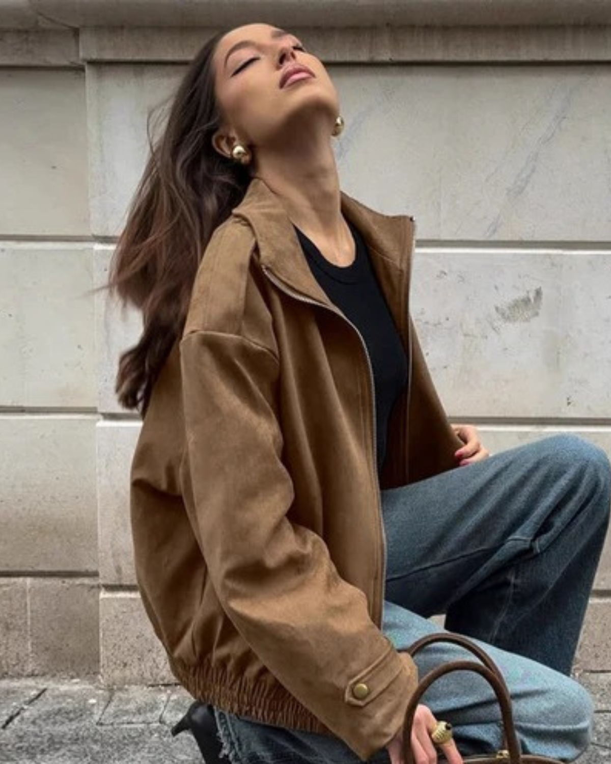 Alternate product view 2 of women's Suede Bomber Jacket with zip front elasticated hem.