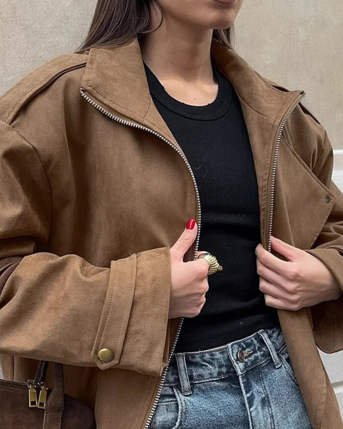 Alternate product view 3 of women's Suede Bomber Jacket with zip front elasticated hem.