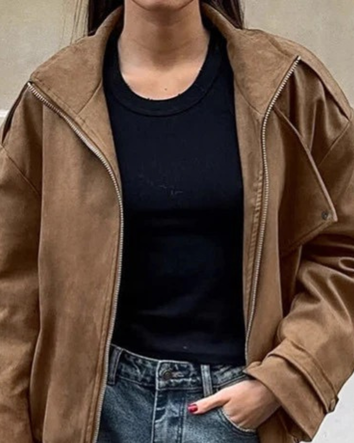 Alternate product view 4 of women's Suede Bomber Jacket with zip front elasticated hem.