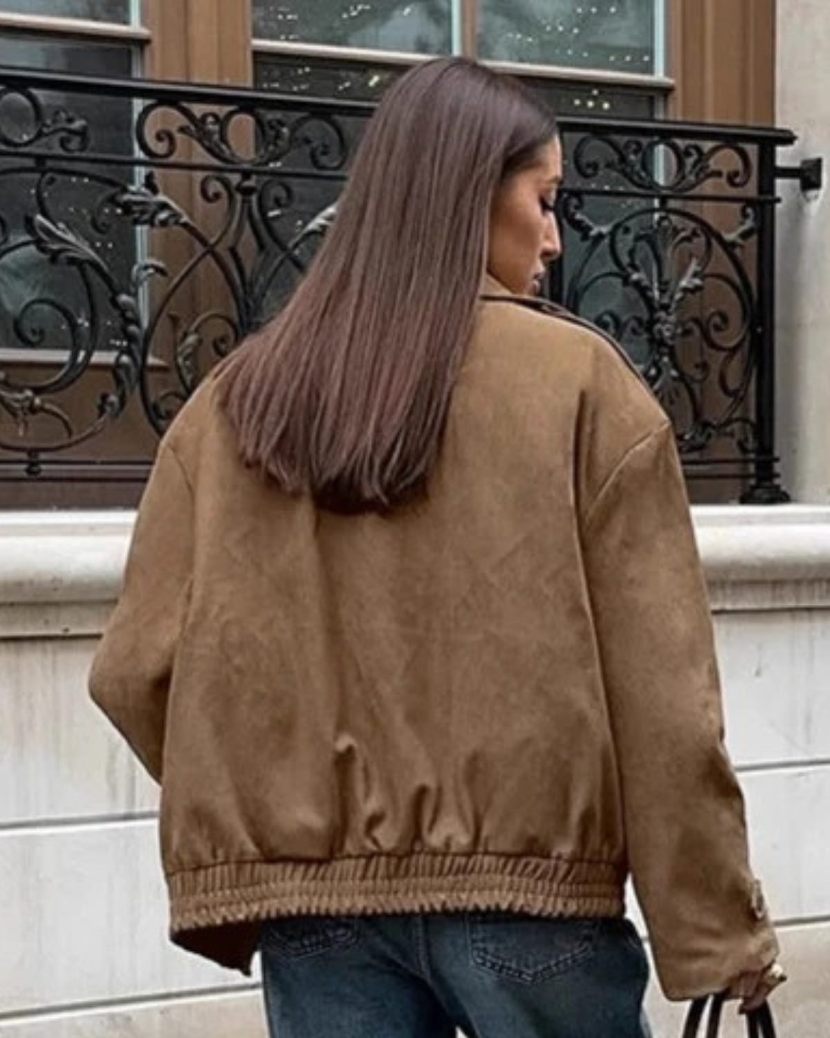 Alternate product view 5 of women's Suede Bomber Jacket with zip front elasticated hem.