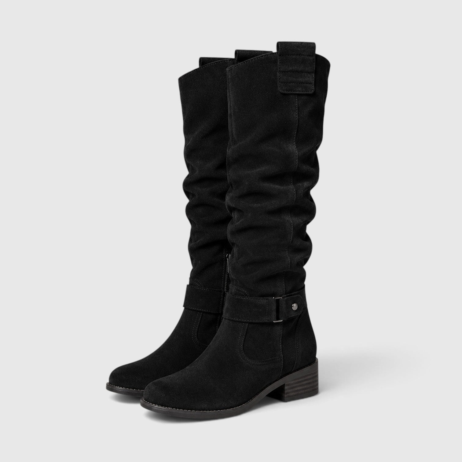 Women's Suede Knee High Boots with side zip low heel design.