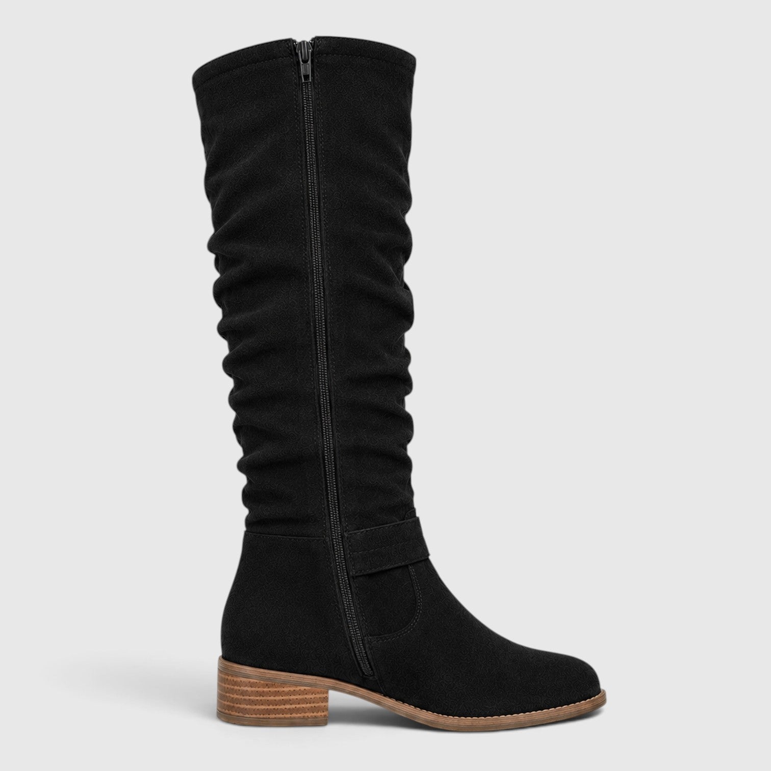 Alternate product view 2 of women's Suede Knee High Boots with side zip low heel design.
