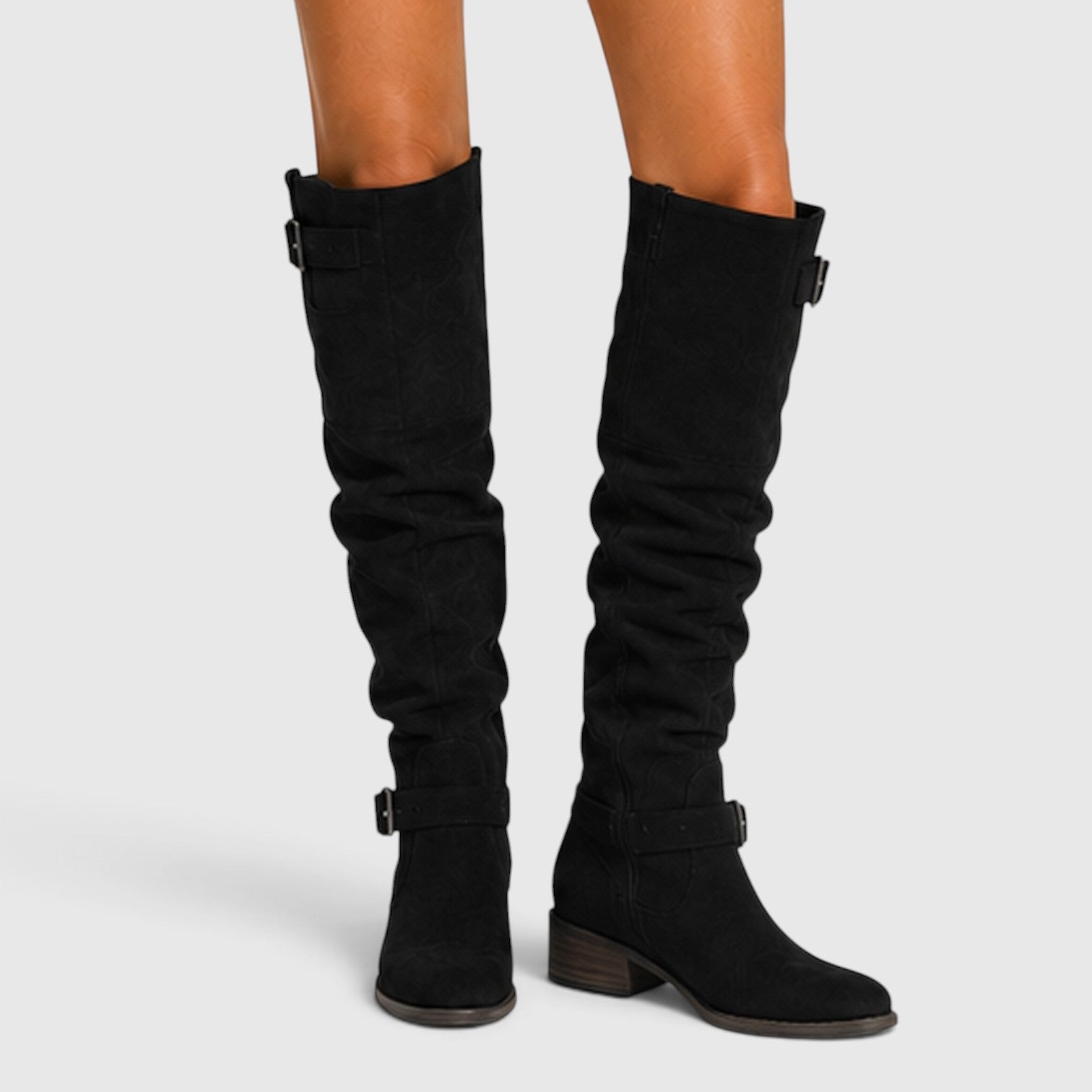 Alternate product view 3 of women's Suede Knee High Boots with side zip low heel design.