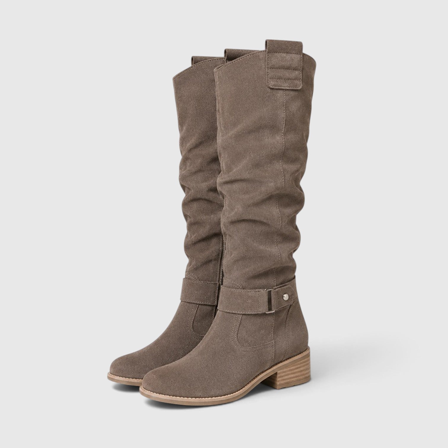 Alternate product view 4 of women's Suede Knee High Boots with side zip low heel design.