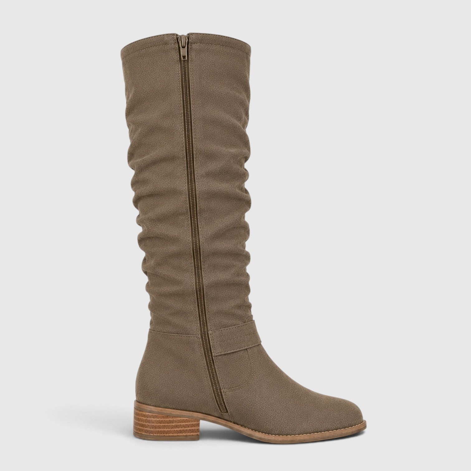 Alternate product view 5 of women's Suede Knee High Boots with side zip low heel design.