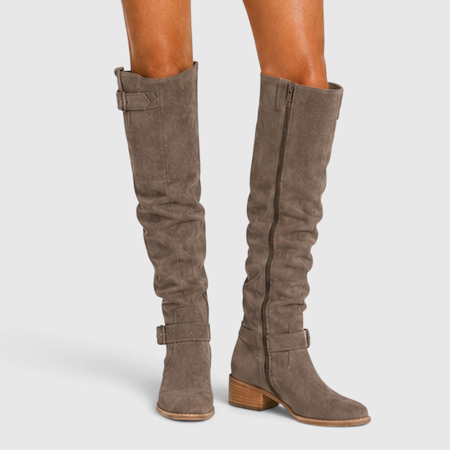 Alternate product view 6 of women's Suede Knee High Boots with side zip low heel design.