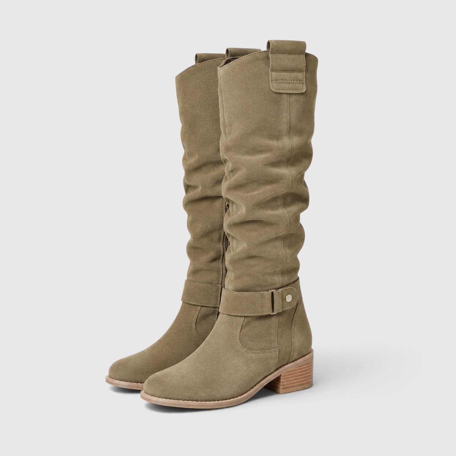 Alternate product view 7 of women's Suede Knee High Boots with side zip low heel design.