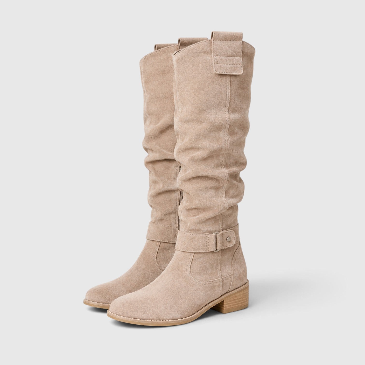 Alternate product view 13 of women's Suede Knee High Boots with side zip low heel design.