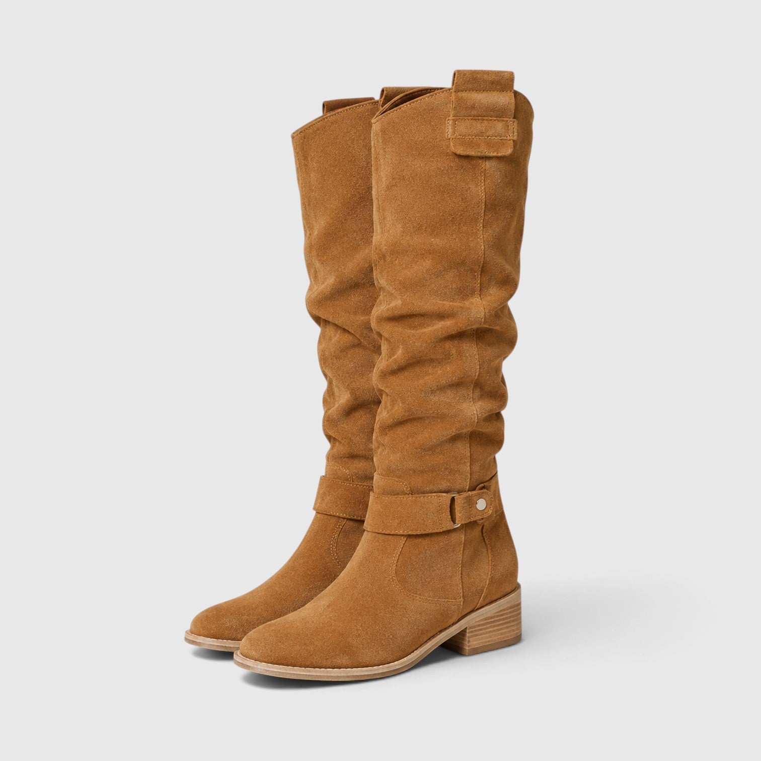 Alternate product view 16 of women's Suede Knee High Boots with side zip low heel design.