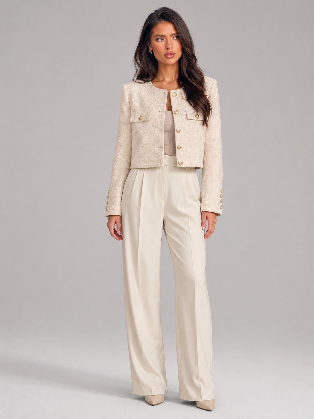 Women's Tweed Cropped Jacket with Gold Buttons, view 1 of 10
