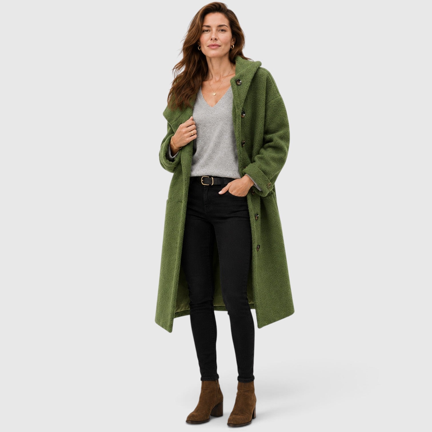 Women's Tweed Wool Coat with button front textured design.