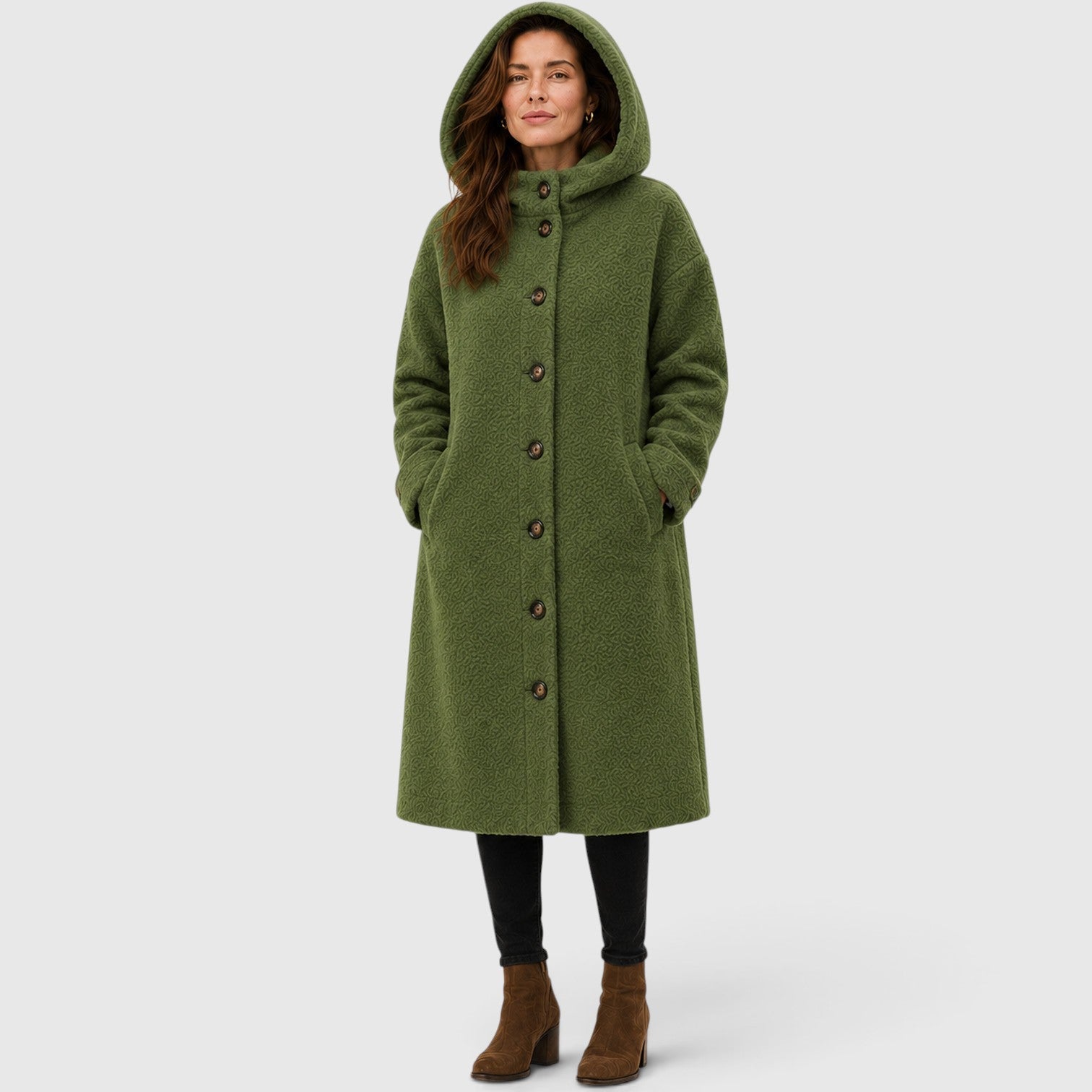 Alternate product view 2 of women's Tweed Wool Coat with button front textured design.