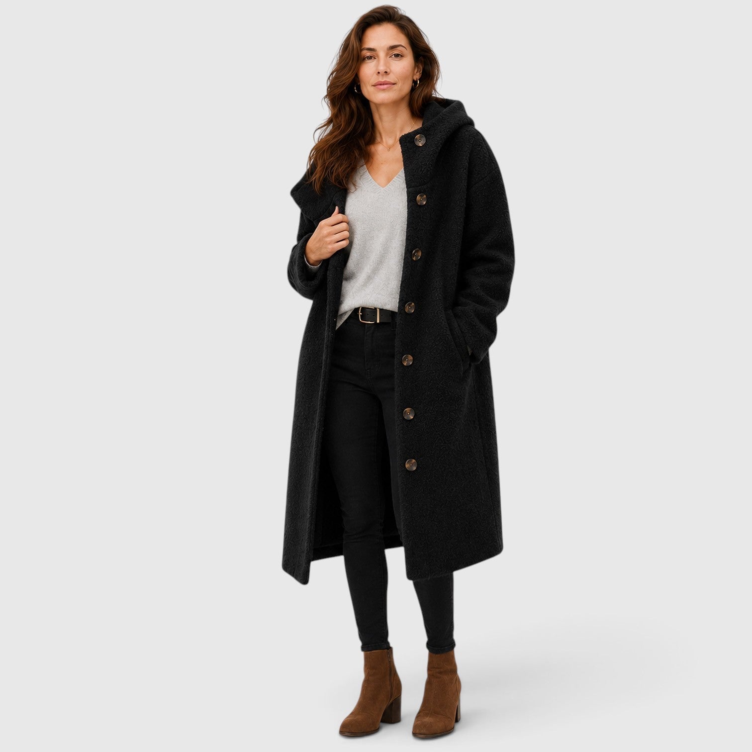 Alternate product view 5 of women's Tweed Wool Coat with button front textured design.