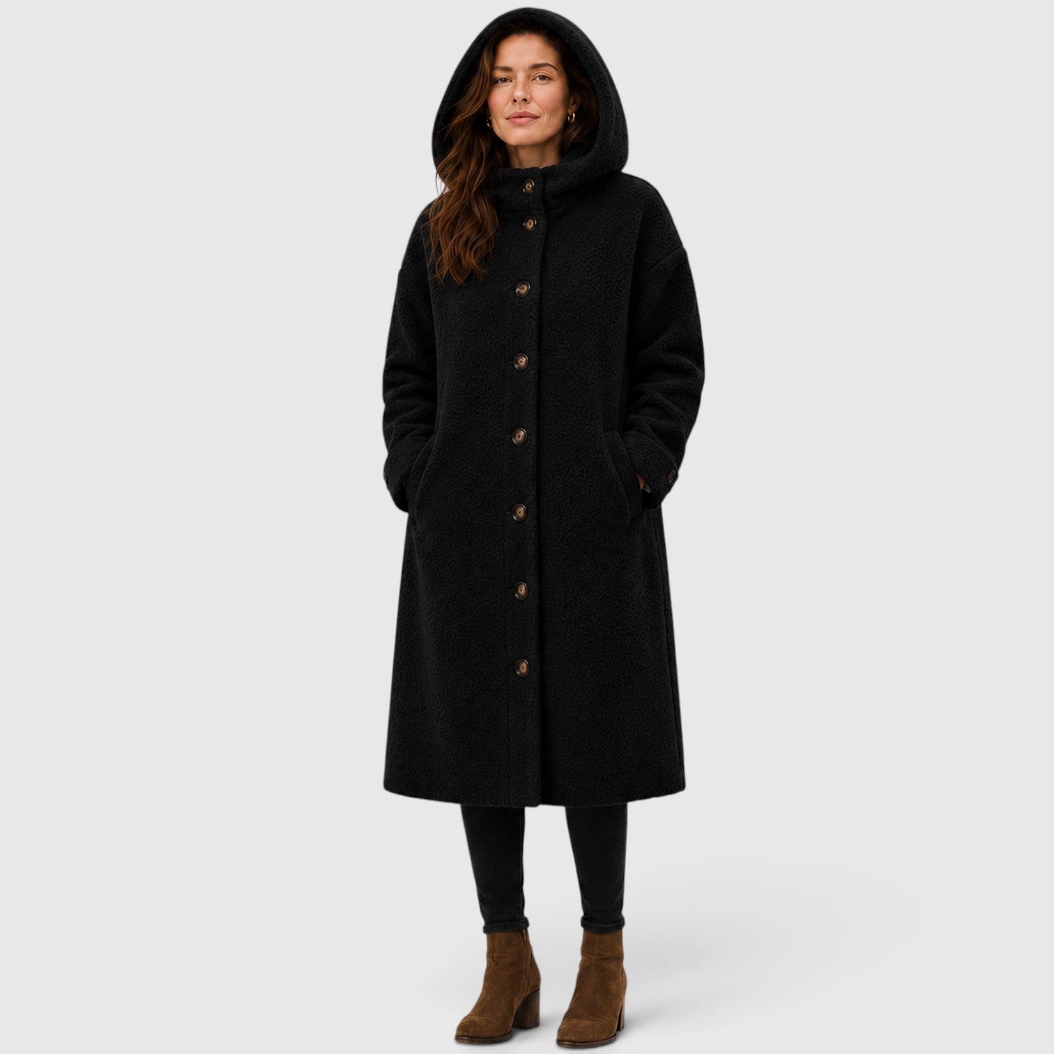 Alternate product view 6 of women's Tweed Wool Coat with button front textured design.