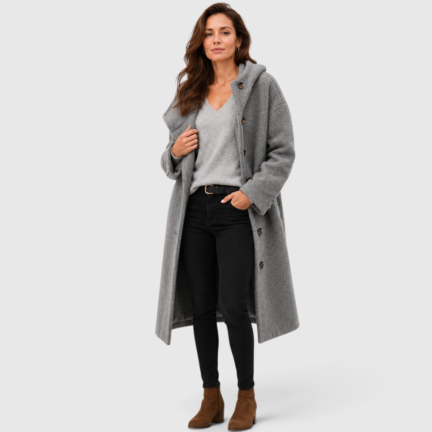 Alternate product view 8 of women's Tweed Wool Coat with button front textured design.