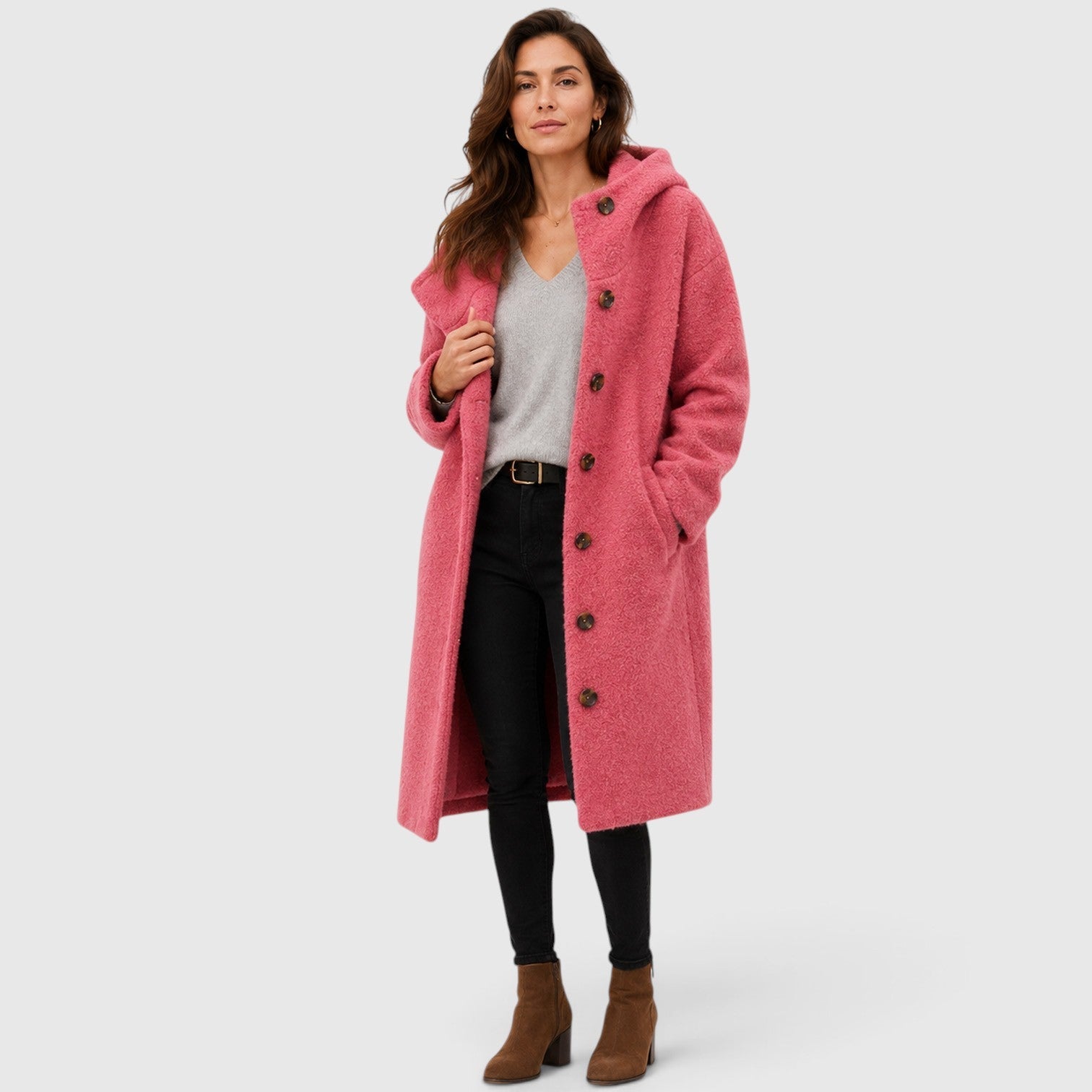 Alternate product view 15 of women's Tweed Wool Coat with button front textured design.