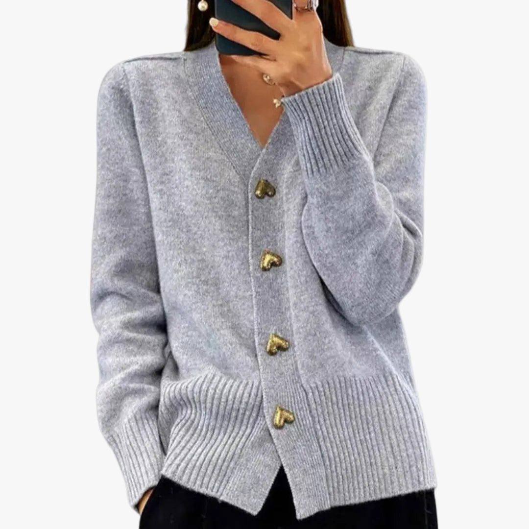 Women's V-Neck Cardigan with Heart Button Front, view 1 of 7