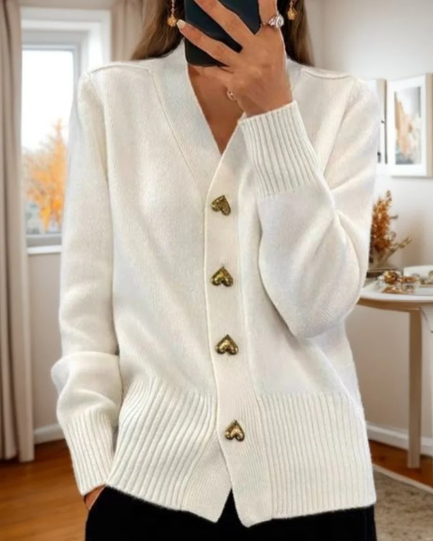 Women's V-Neck Cardigan with Heart Button Front, view 3 of 7