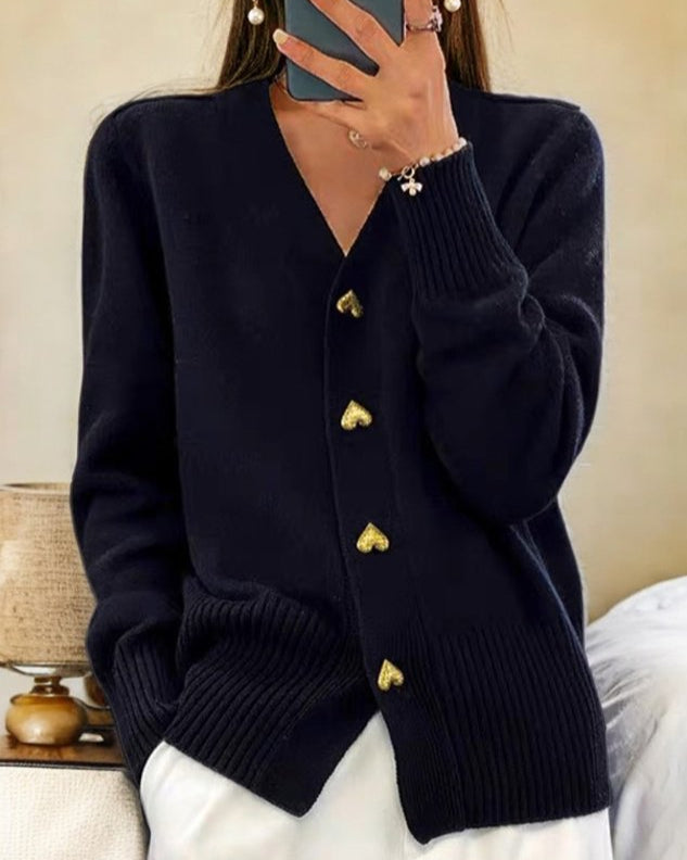 Women's V-Neck Cardigan with Heart Button Front, view 7 of 7