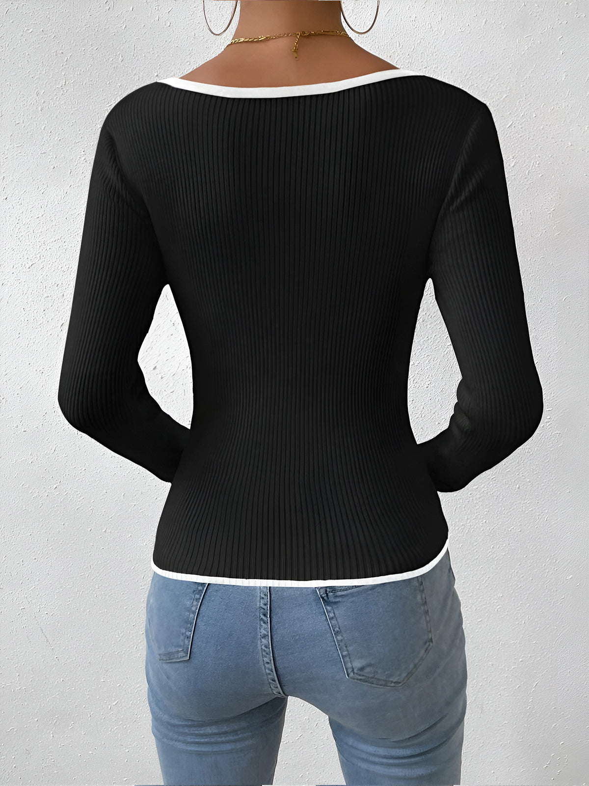 Women's V-Neck Ribbed Jumper with Contrast Trim, view 4 of 11