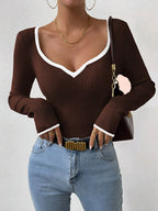 Women's V-Neck Ribbed Jumper with Contrast Trim, view 8 of 11