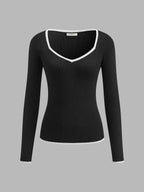 Women's V-Neck Ribbed Jumper with Contrast Trim, view 10 of 11