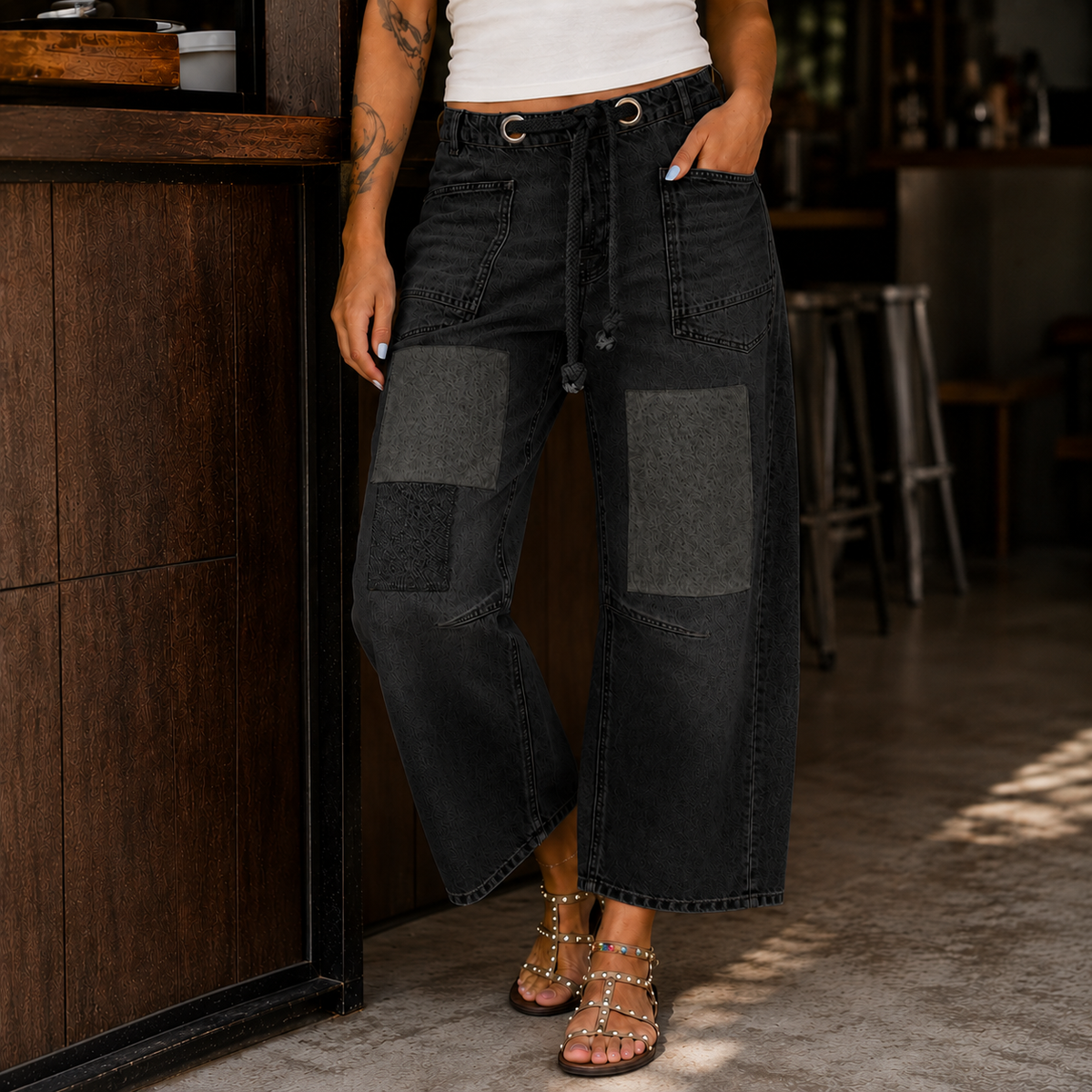 Women's Wide Leg Patchwork Jeans with Cropped Fit, view 4 of 4
