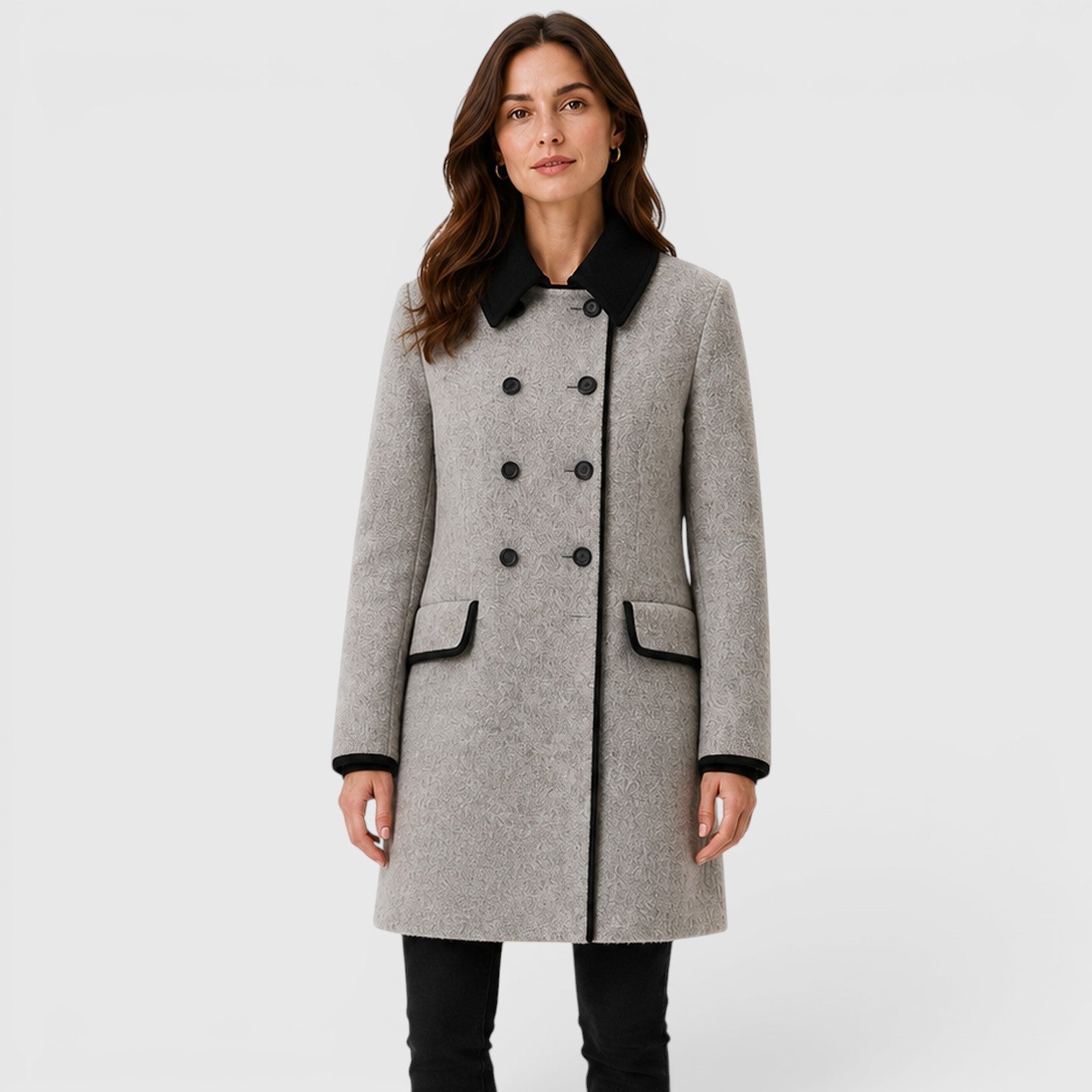 Women's Wool Coat with double-breasted contrast collar.
