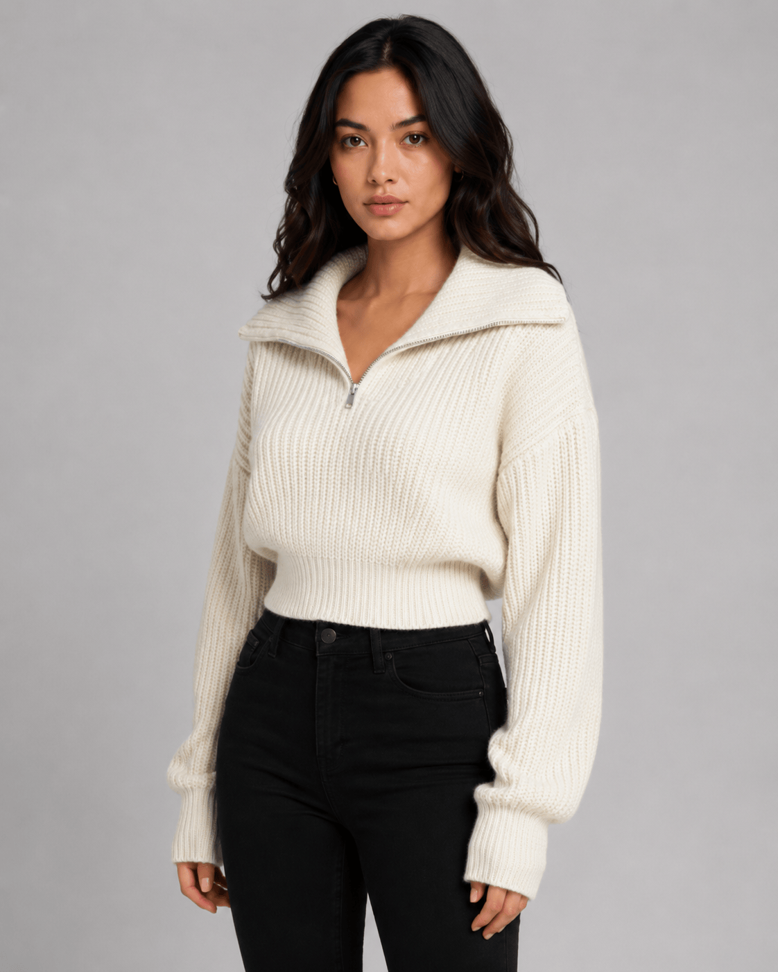 Women's Zip Jumper with cropped ribbed wide collar.