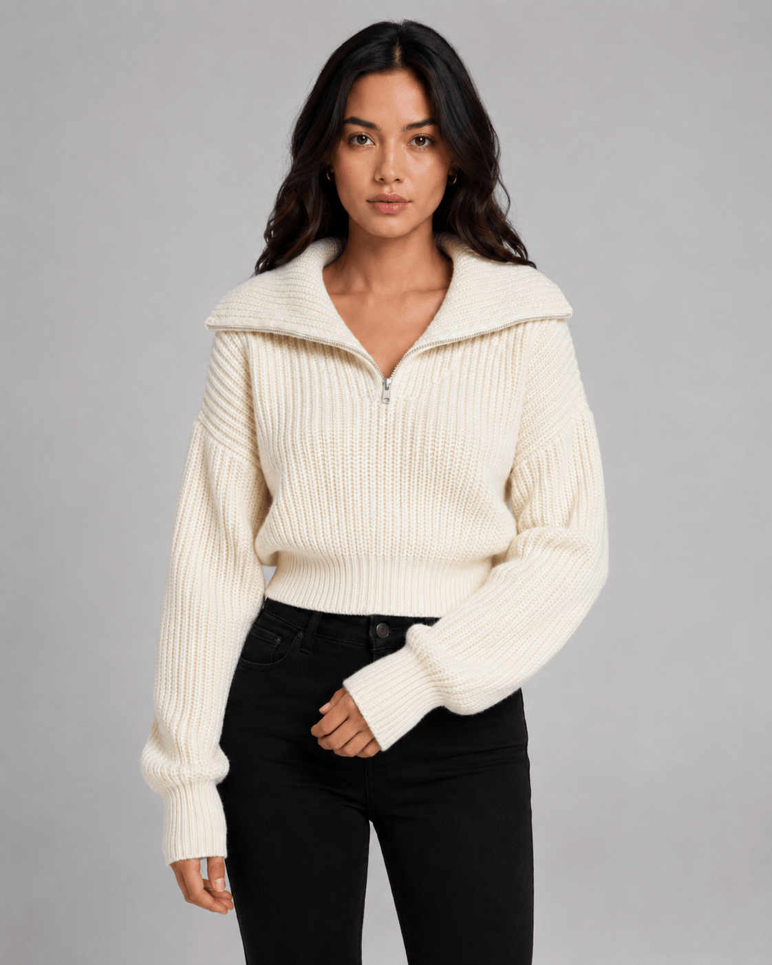Alternate product view 2 of women's Zip Jumper with cropped ribbed wide collar.