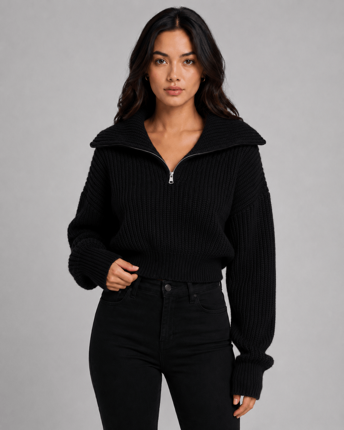 Alternate product view 6 of women's Zip Jumper with cropped ribbed wide collar.