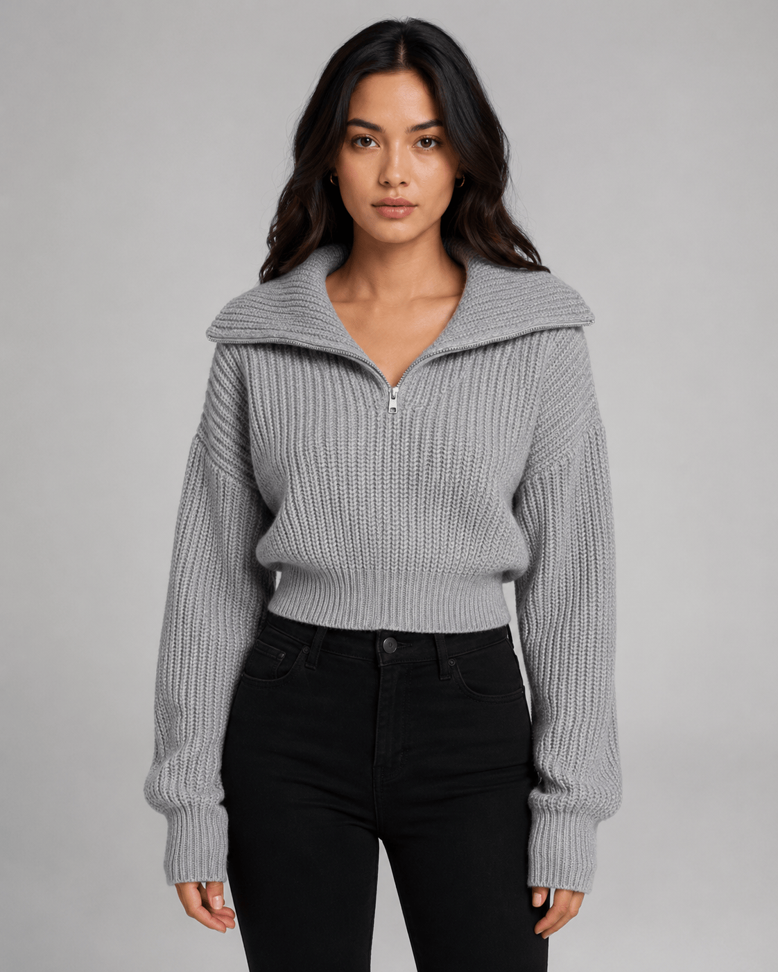 Alternate product view 9 of women's Zip Jumper with cropped ribbed wide collar.