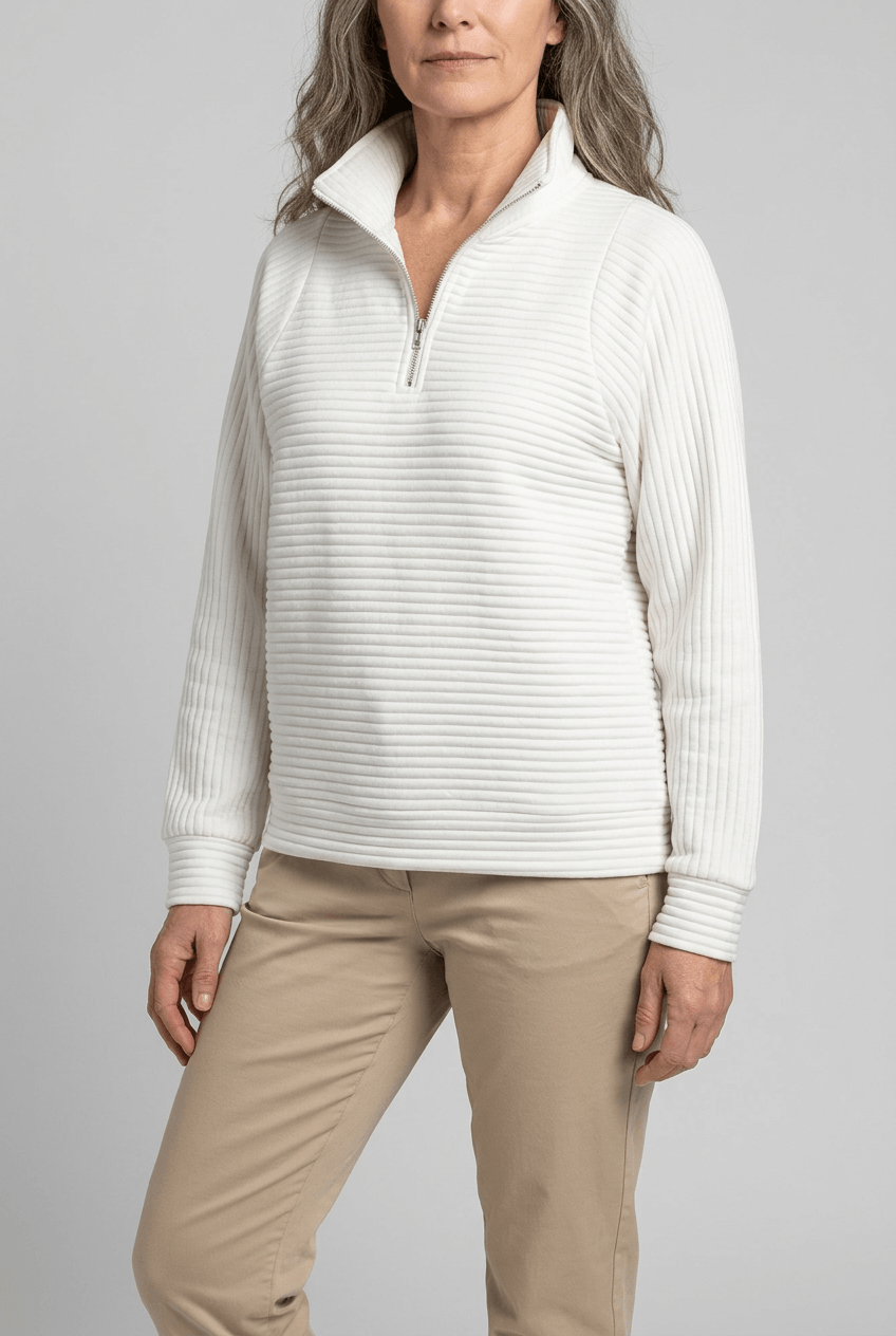 Women's Zip Jumper with funnel neck ribbed design.