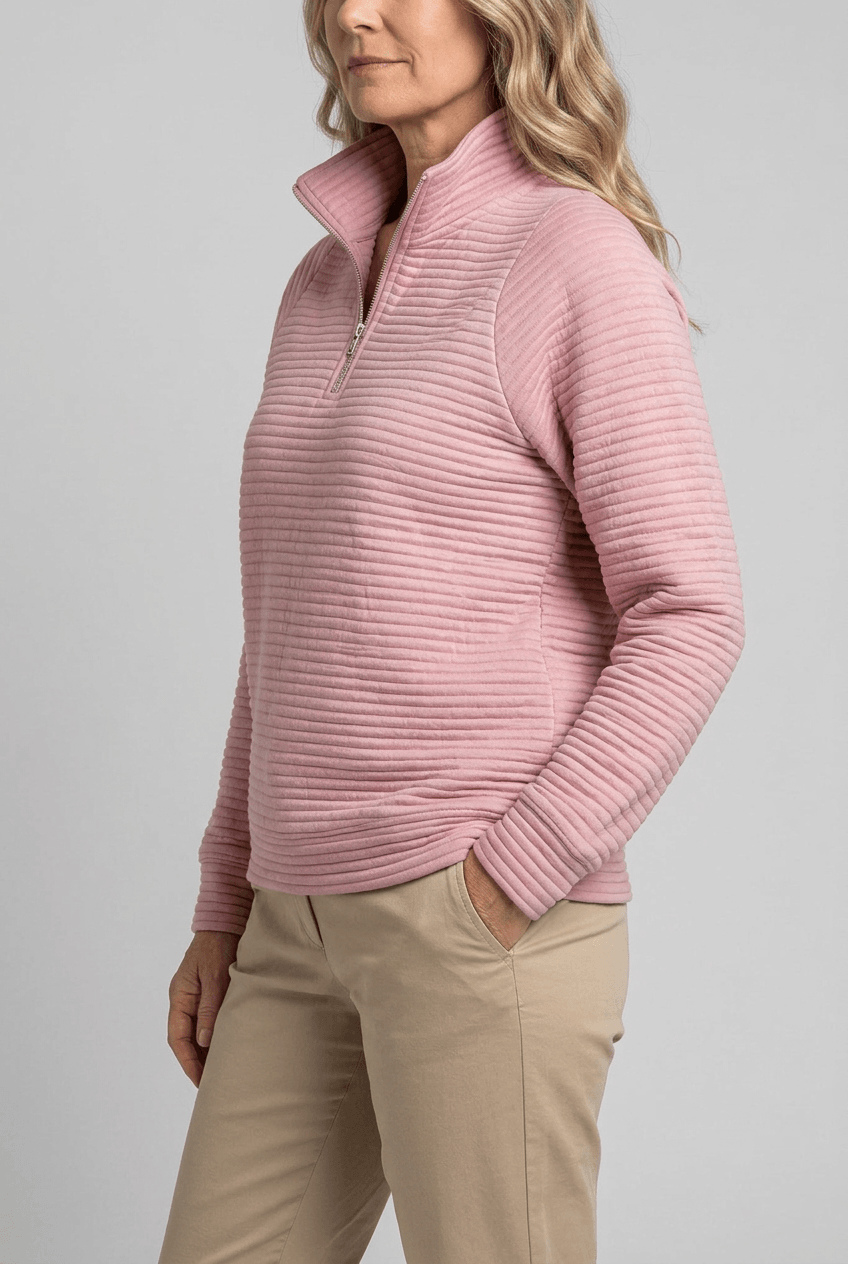 Alternate product view 2 of women's Zip Jumper with funnel neck ribbed design.