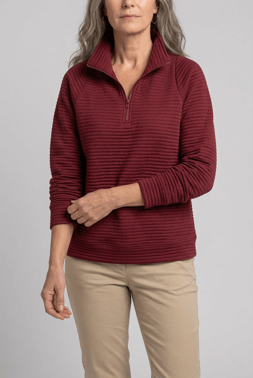 Alternate product view 3 of women's Zip Jumper with funnel neck ribbed design.