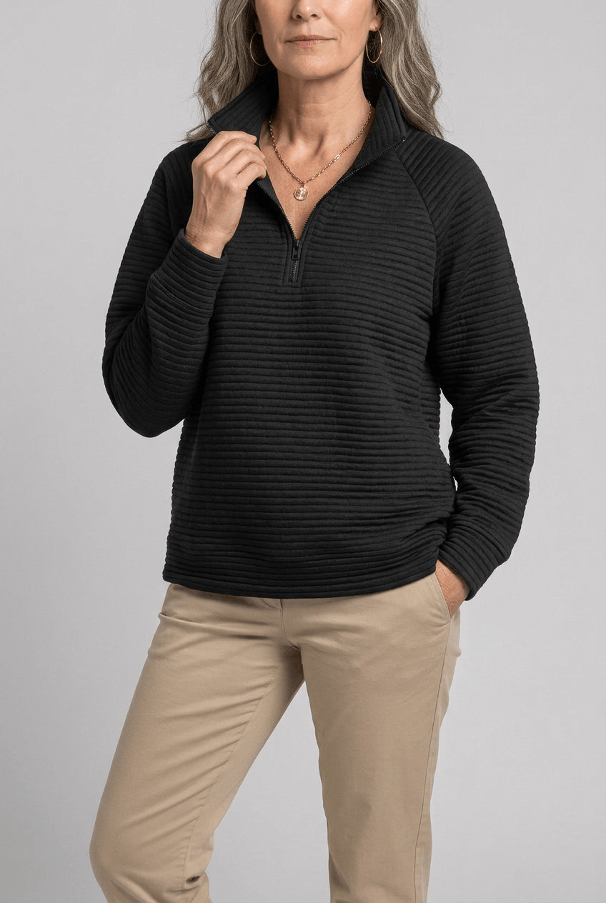 Alternate product view 4 of women's Zip Jumper with funnel neck ribbed design.