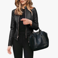 Women's Zip Leather Bomber Jacket with Stand Collar, view 1 of 4