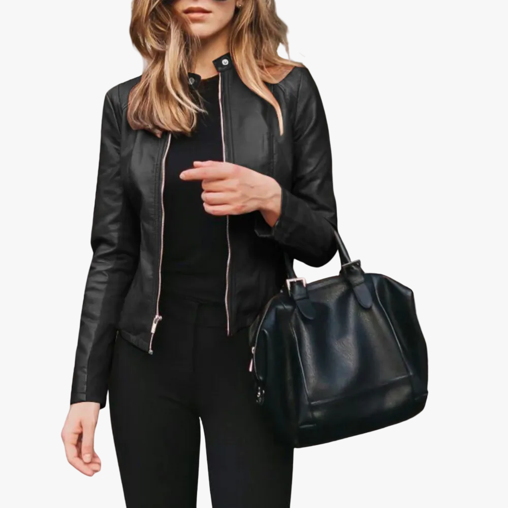 Women's Zip Leather Bomber Jacket with Stand Collar, view 1 of 4