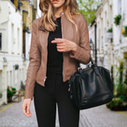 Women's Zip Leather Bomber Jacket with Stand Collar, view 2 of 4