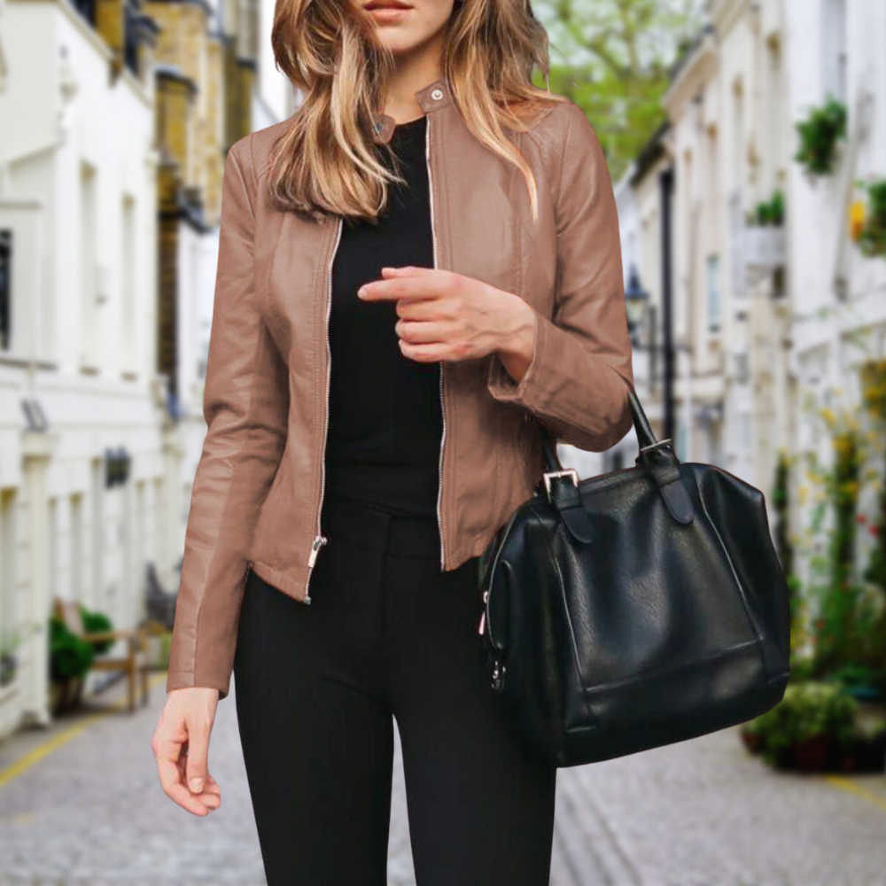 Women's Zip Leather Bomber Jacket with Stand Collar, view 2 of 4