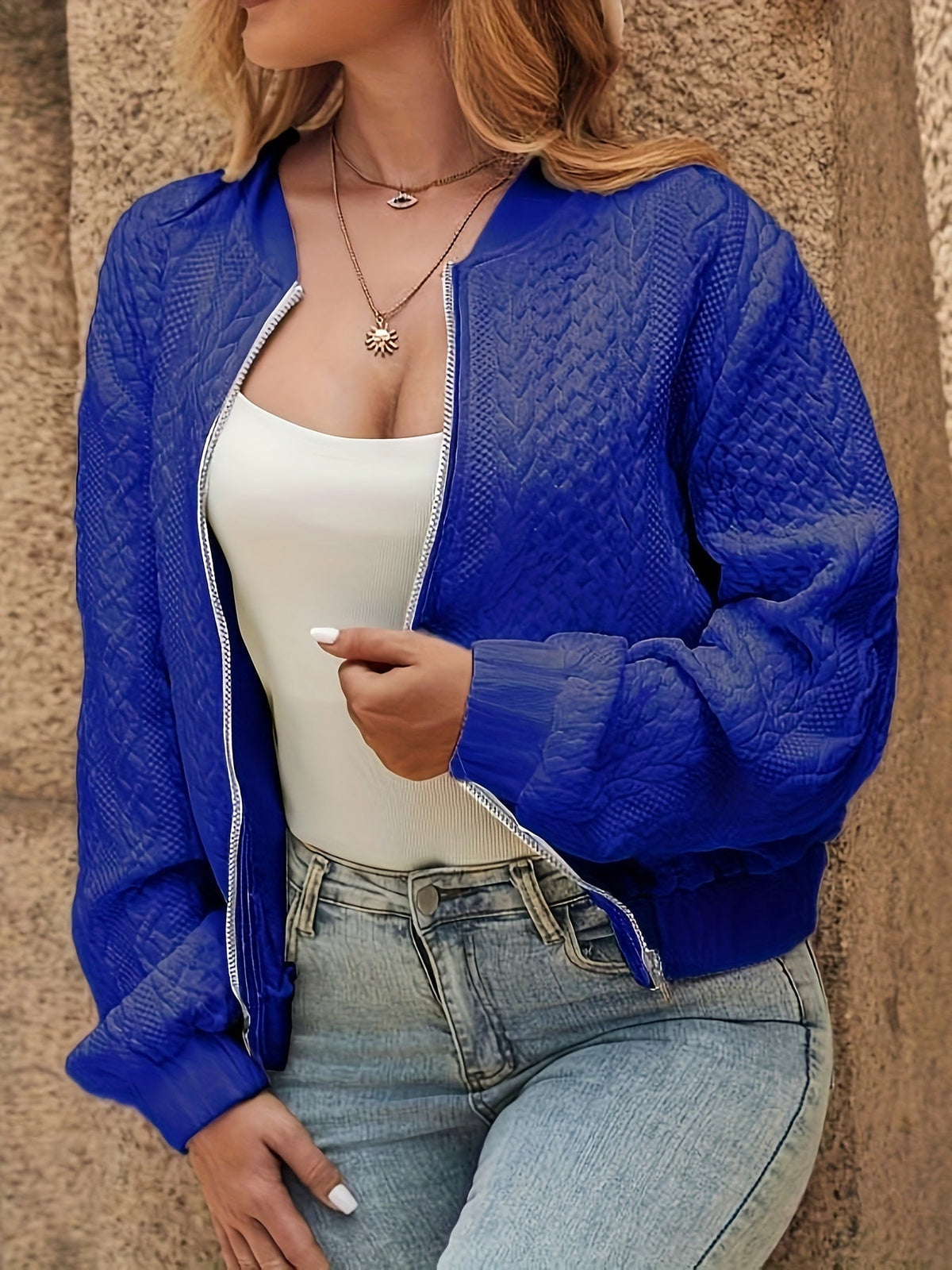 Women's Zip-Up Bomber Jacket with High Neck Design, view 2 of 10