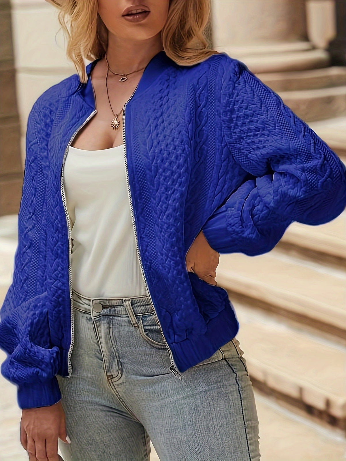 Women's Zip-Up Bomber Jacket with High Neck Design, view 8 of 10