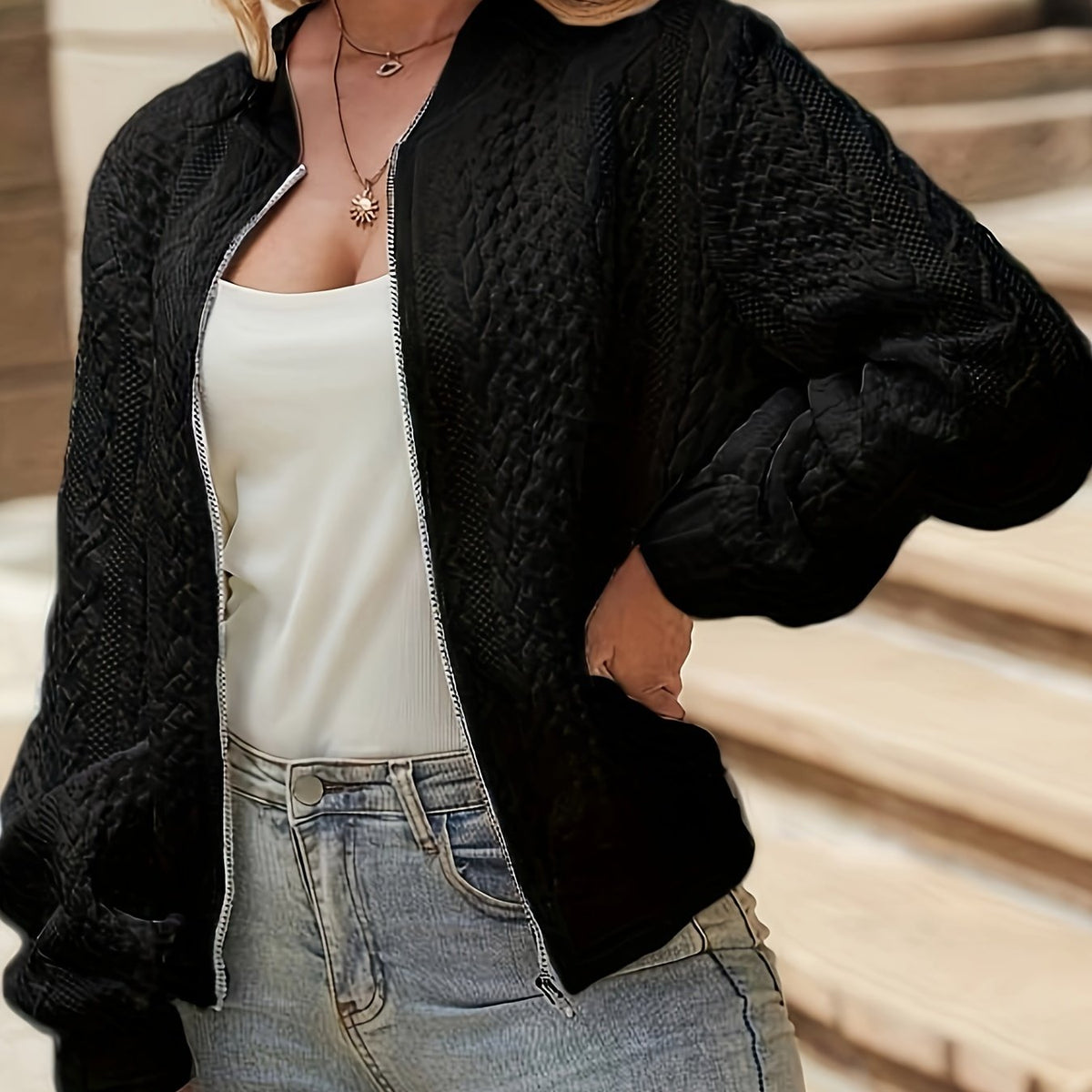 Women's Zip-Up Bomber Jacket with High Neck Design, view 10 of 10