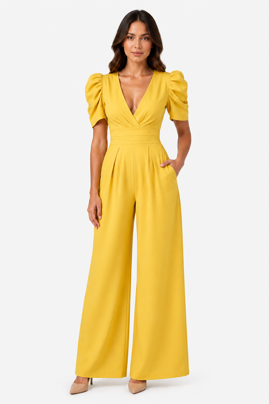 Women's Puff Sleeve Wide Leg Jumpsuit – Tailored Formal Style - Yellow - front