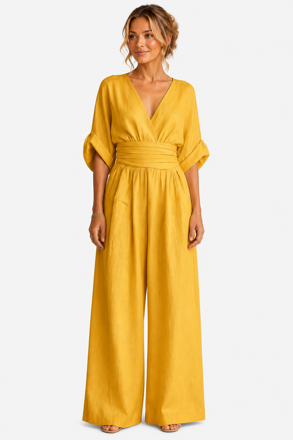 Valoria – Draped waist elegance – Wide-leg jumpsuit - Yellow - front